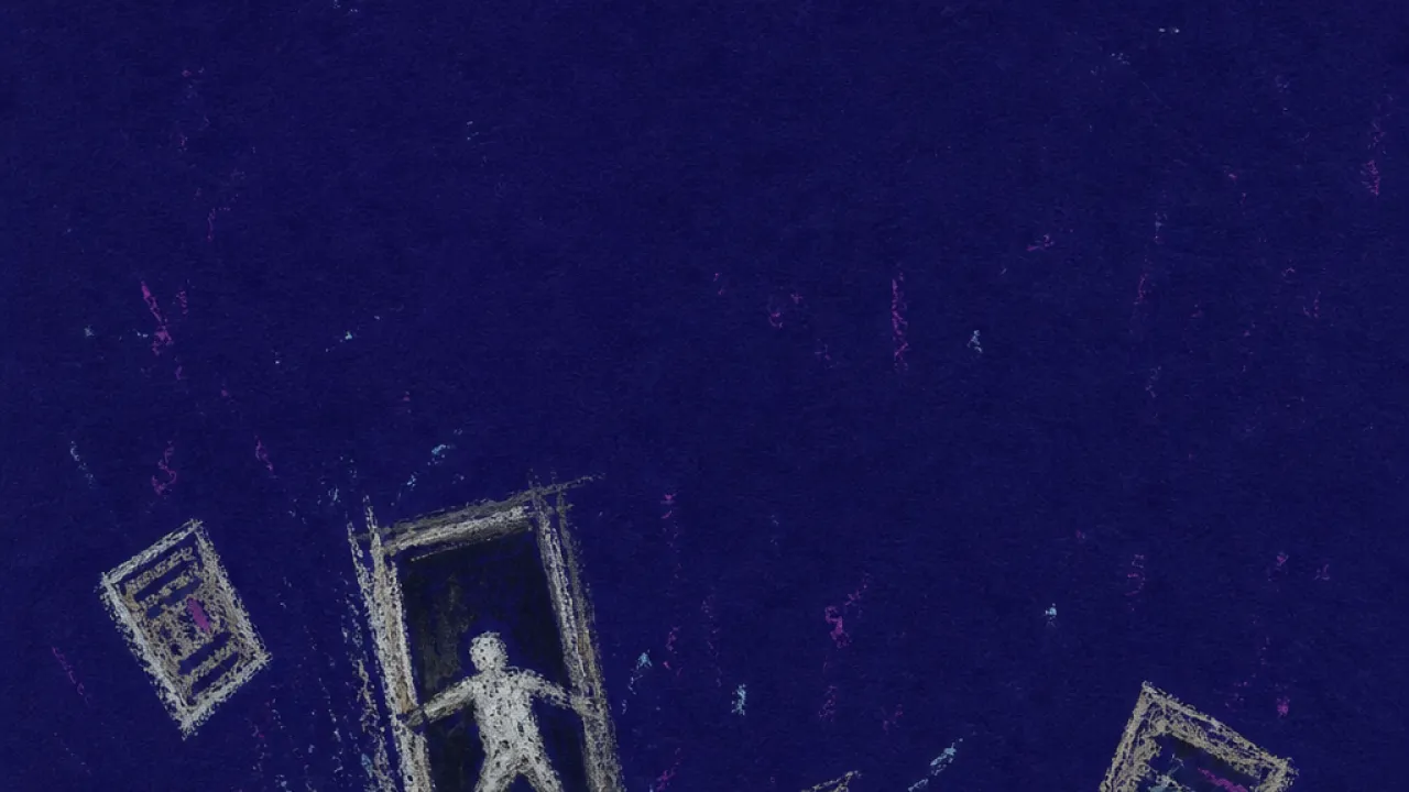 A solitary figure braces in a doorway as loose floorboards crack underfoot and repair notices tilt through deep indigo space