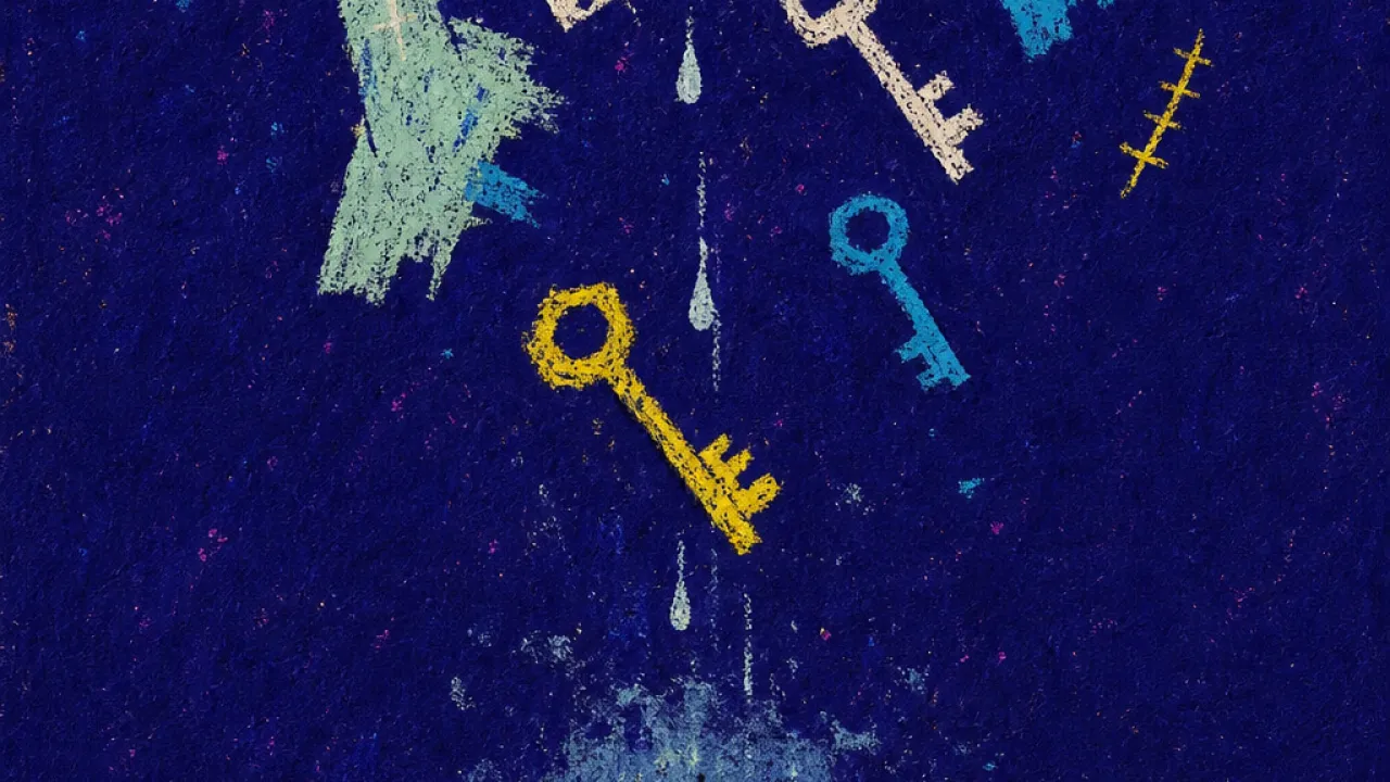 Waiting under someone else’s keys A solitary figure under a leaking ceiling, repair forms and keys suspended above as pale water stains spread through the room