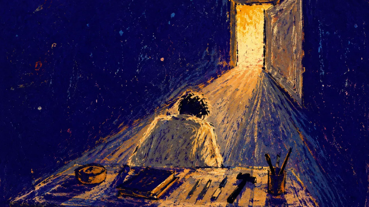 A figure at a prepared table, shoulders beneath narrowing light that aligns tools with an open doorway.
