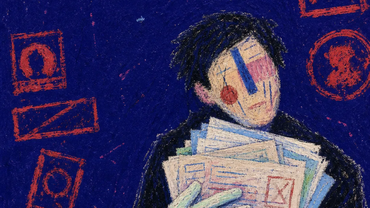 Records pressing inward A solitary figure holding documents as red error marks and counter windows press mismatched labels into deep indigo space