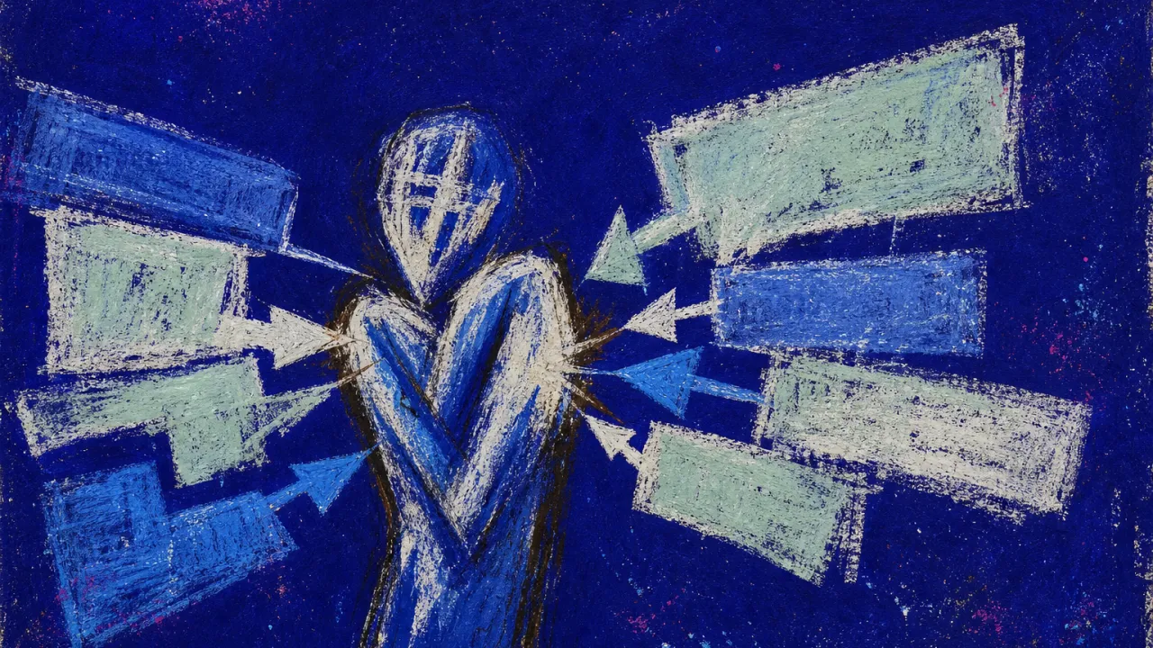 A solitary figure with shoulders drawn inward as translucent profile panels and pointing cursors press labels into the chest