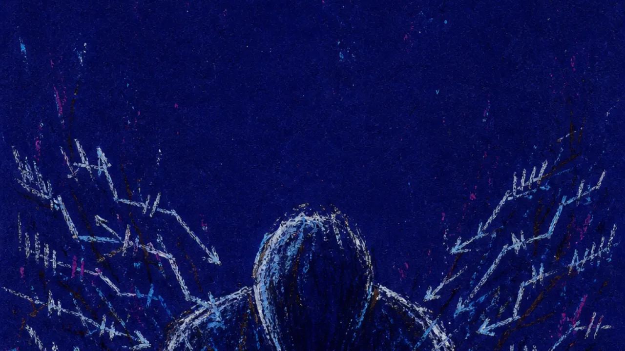 A hunched figure over an open pull request as unseen hands push comment threads and revisions toward their shoulders