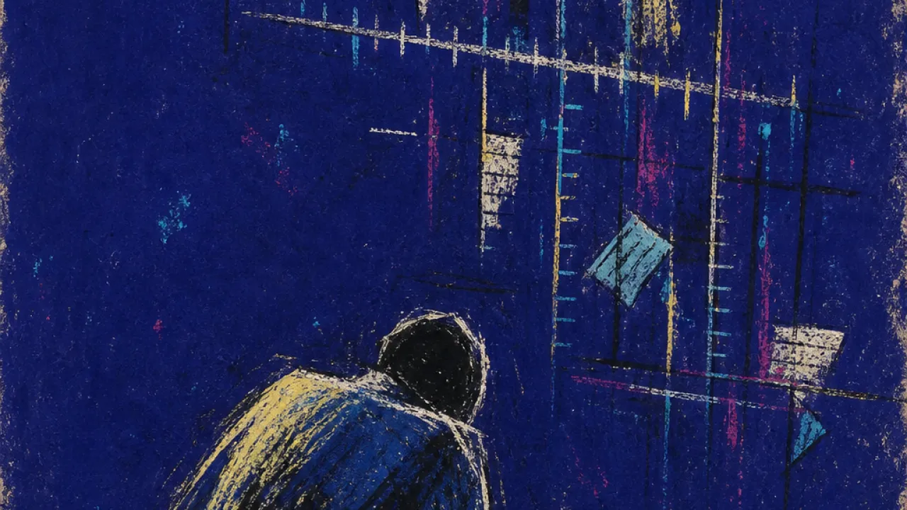 A bent figure over scattered documents while unseen hands shift rulers behind a sealed panel in deep indigo space