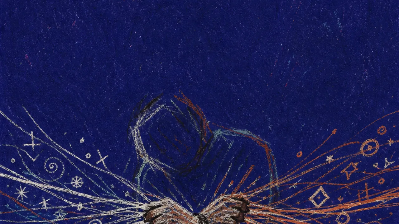 A solitary figure over glowing code strands as crossing hands pull lines sideways, leaving sharp marks in deep indigo space
