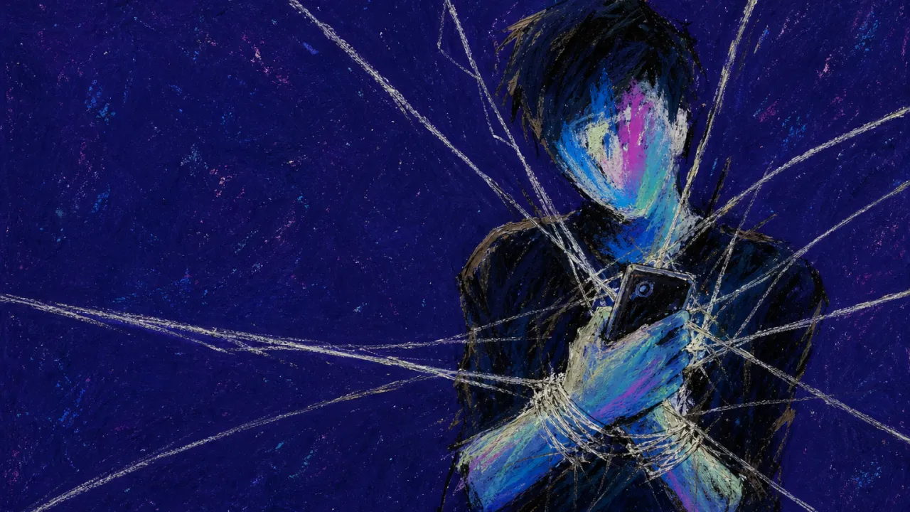 A solitary figure pulled forward by glowing message threads around the wrists, phone, and chest in deep indigo space