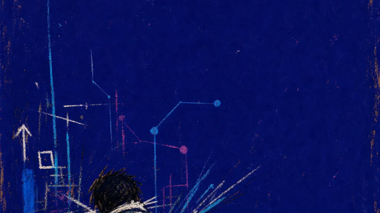 A solitary figure with low shoulders squeezed between transit gates, fare lights, and crowding routes in deep indigo space