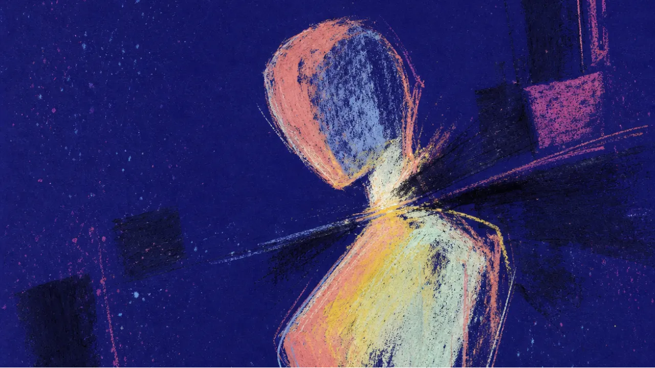 A solitary figure turned inward as translucent room signals press language, name, and posture into a narrower outline