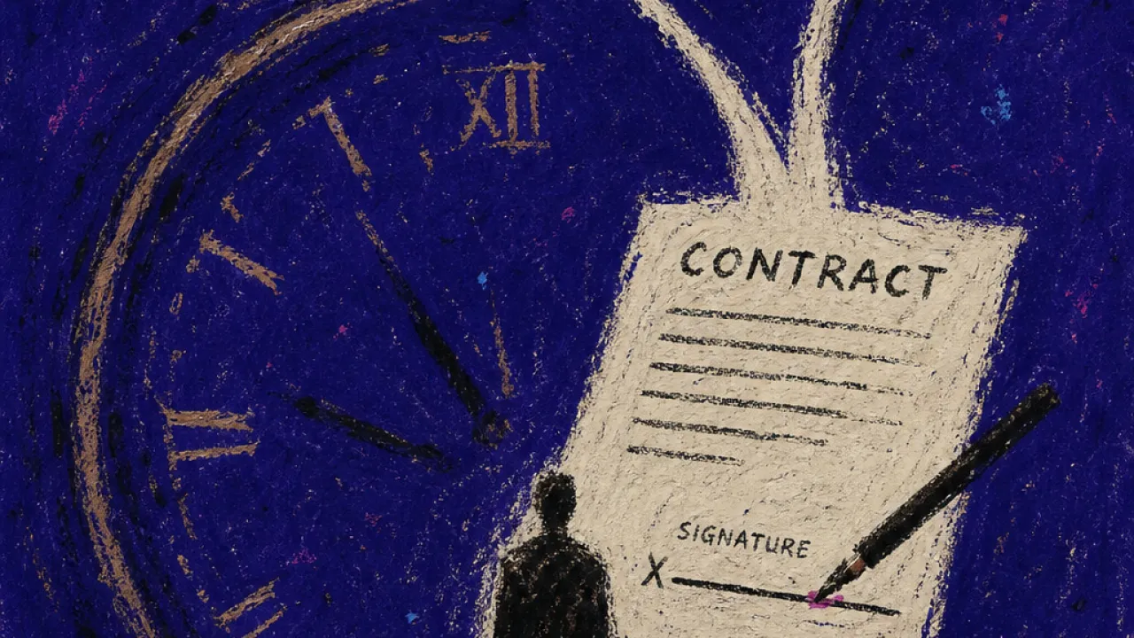 The deadline holds the choice A solitary figure before a glowing contract, two narrow paths opening as unseen hands hold a clock in deep indigo space