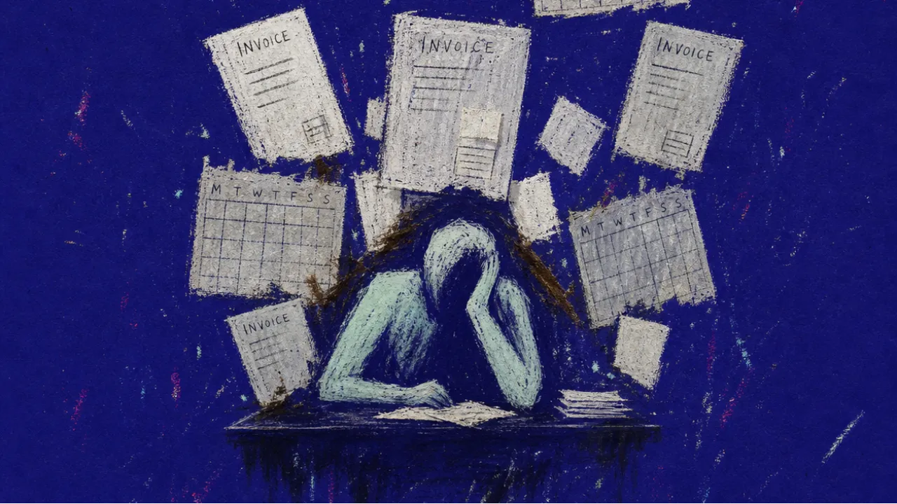 A hunched figure at a desk with blank calendar squares and hovering invoices pressing into their shoulders