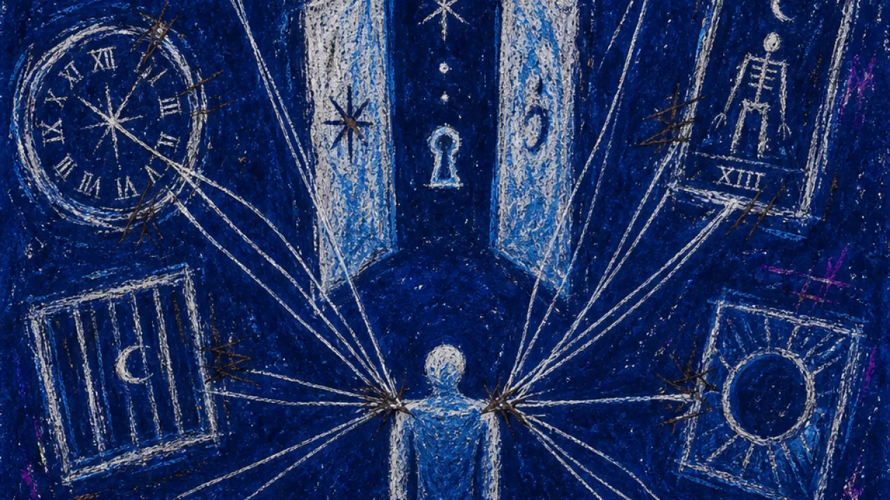 A seated figure before branching doors, screens and clocks pulling thin threads from both shoulders in deep indigo space