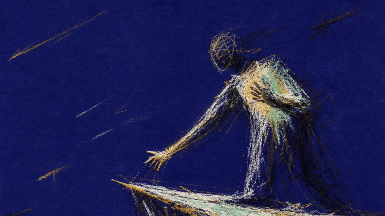Window rushing past A solitary figure leaning toward a narrowing platform as messages and deadline marks rush past through deep indigo space