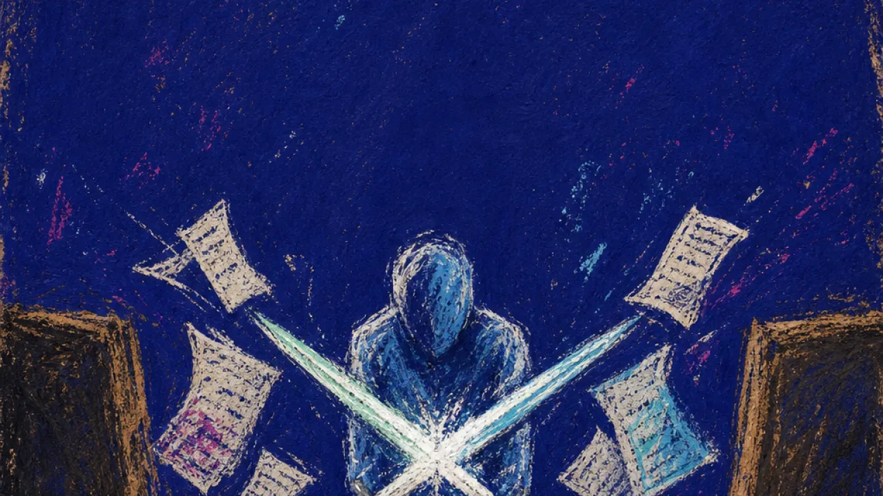 A seated figure between two empty chairs, crossed blades near the chest and appointment pages pressing inward in deep indigo