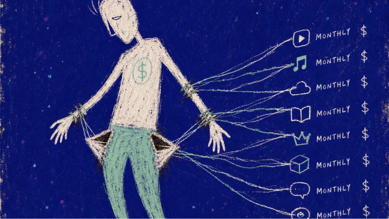 A solitary figure with pockets pulled outward by thin billing threads, pale lines tugging from wrists into deep indigo space