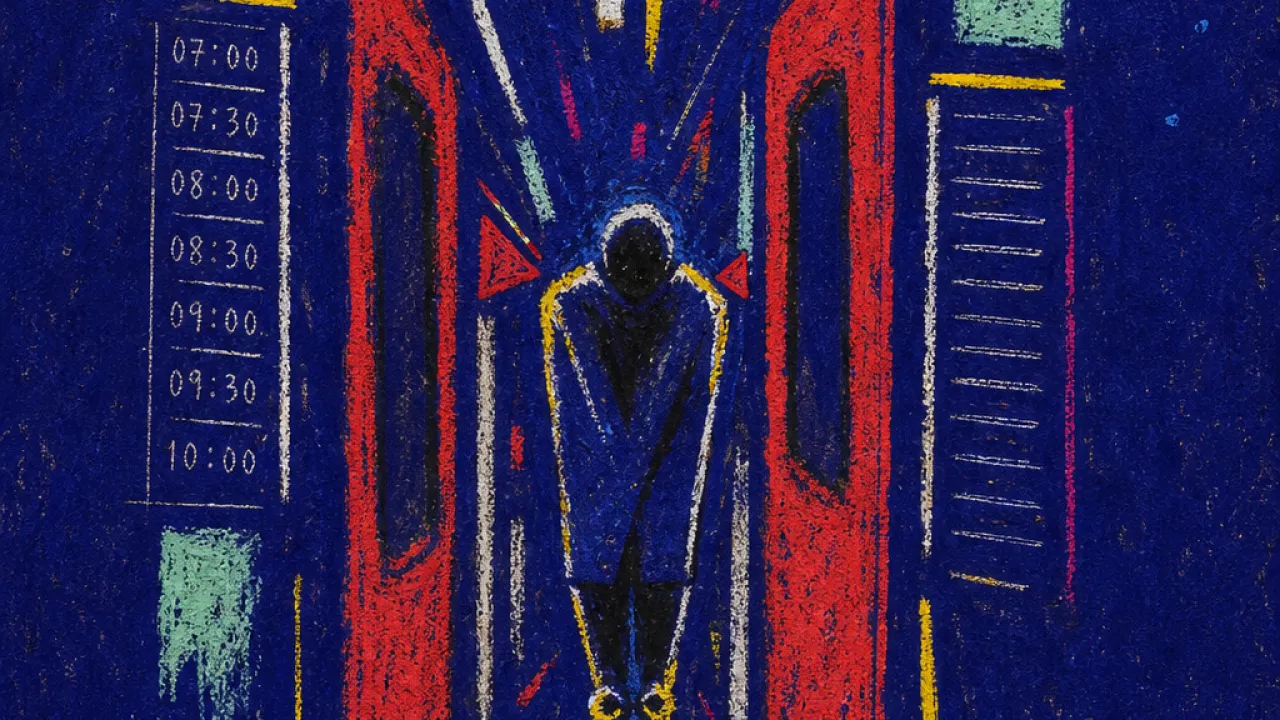 A solitary figure compressed in a narrow corridor of transit doors, brake lights, and timetable marks pressing inward