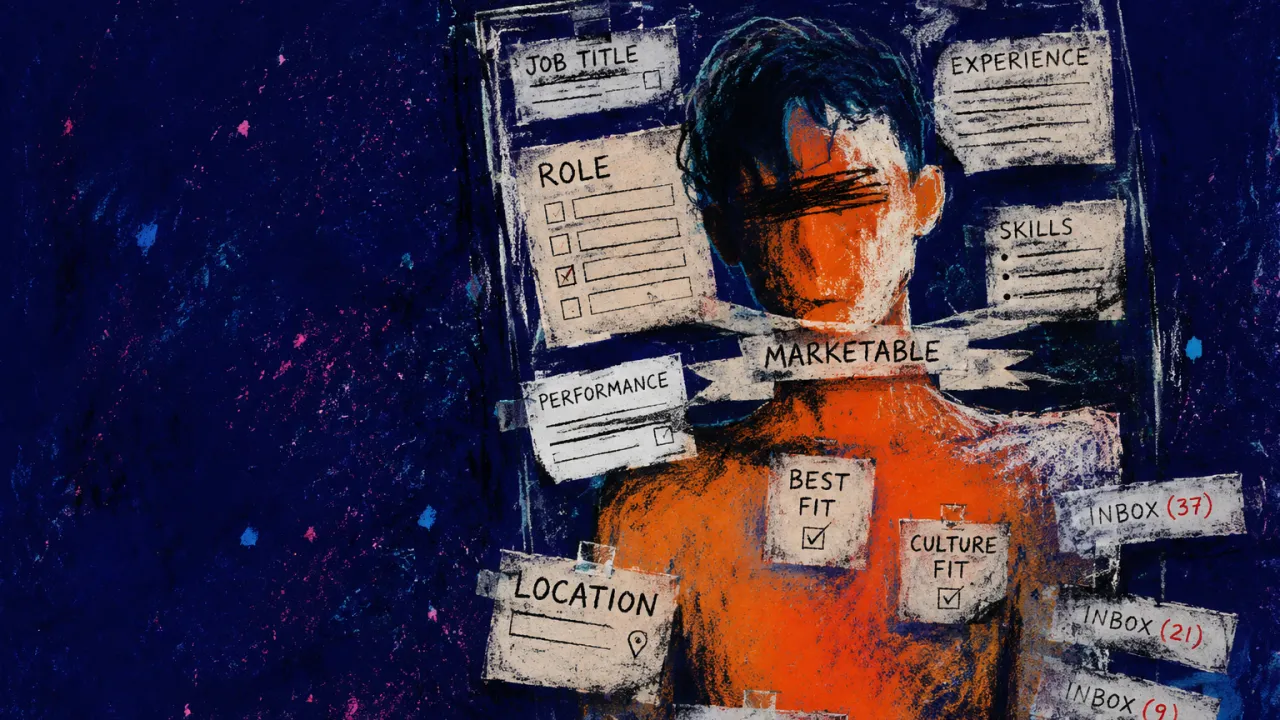 A solitary figure behind an office frame, paper labels pressing a narrow outline into the body in deep indigo space