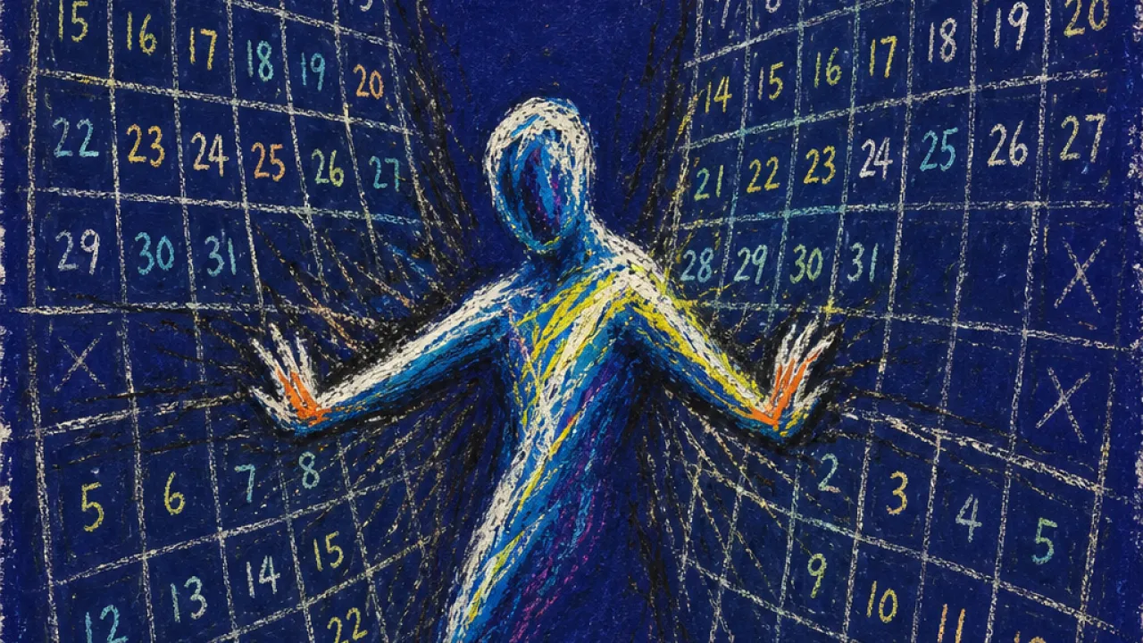 A solitary figure pinned between calendar grids, chest and wrists marked by narrow calendar lines in deep indigo space