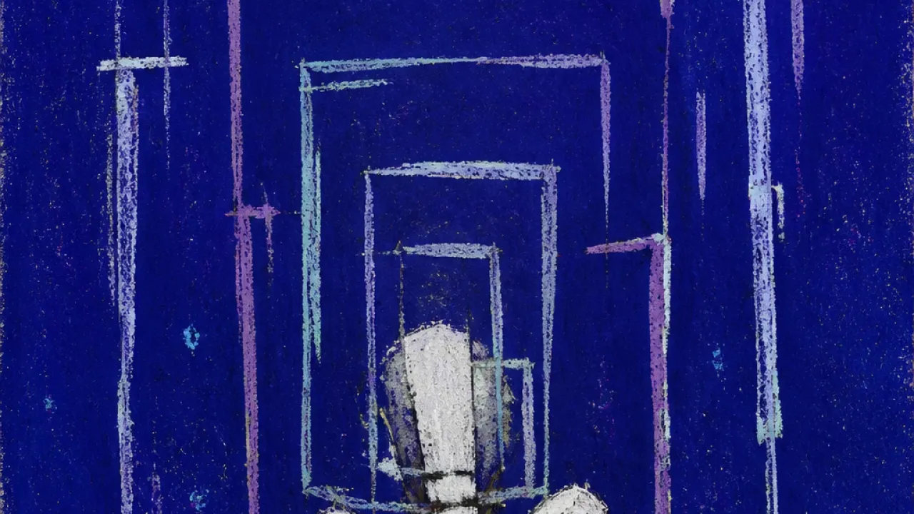A solitary figure with raised shoulders surrounded by intake forms, phone lines, and portal boxes closing into a narrow gate