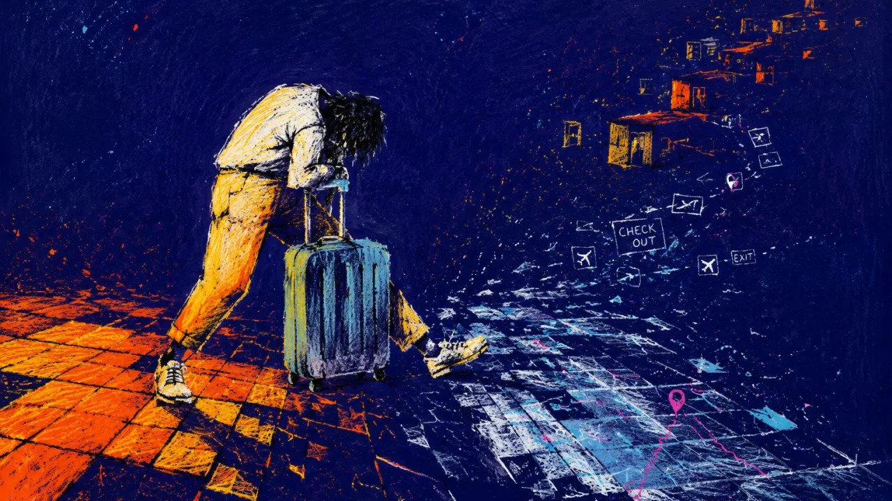 The Ground Keeps Moving A solitary figure leans over a suitcase as tiled floors drift beneath their feet and temporary rooms recede.