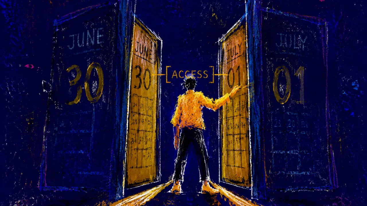 A solitary figure with feet planted where shifting calendar panels briefly open an amber passage between deep indigo frames.