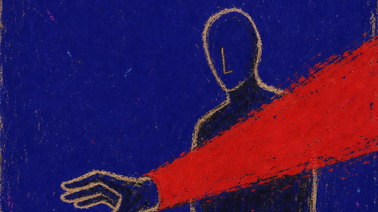 A solitary figure holds a card over a terminal as red light forms a barrier across their chest in deep indigo space