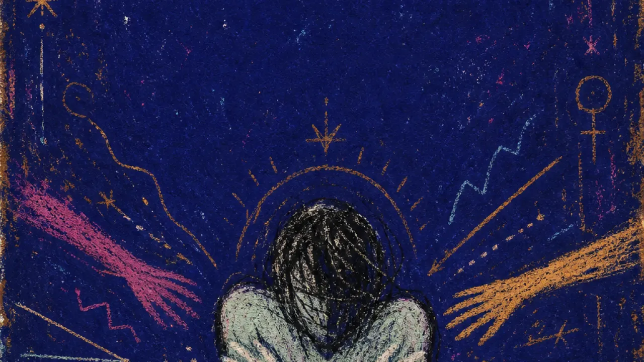 A solitary figure with crossed arms as glowing message threads and reaching hands press inward against a pale boundary line