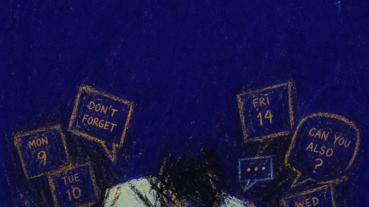A solitary figure holding an invitation as calendar blocks and message bubbles press inward around their shoulders