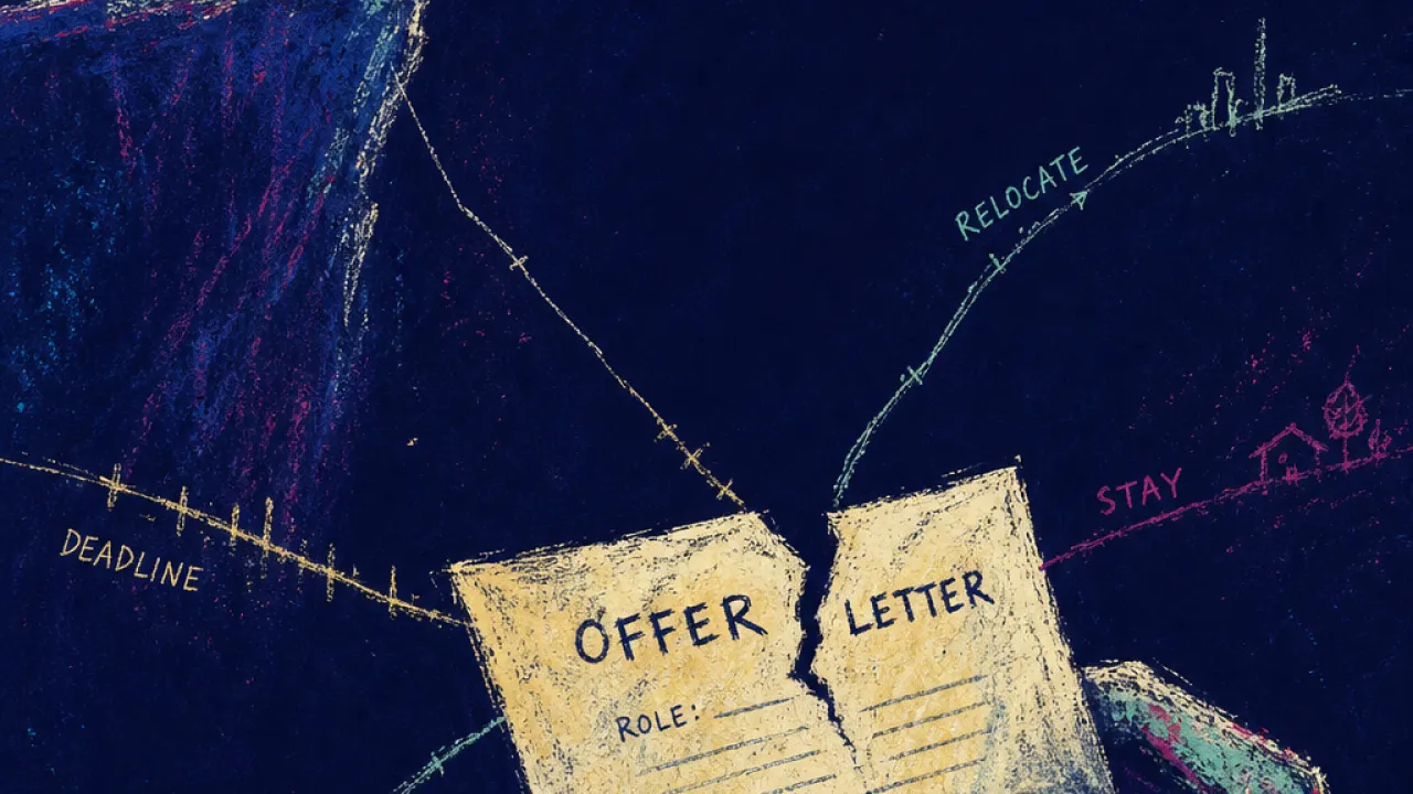 Pulled by competing futures A solitary figure at a ledge holding an offer letter as deadline lines and cost marks pull in different directions