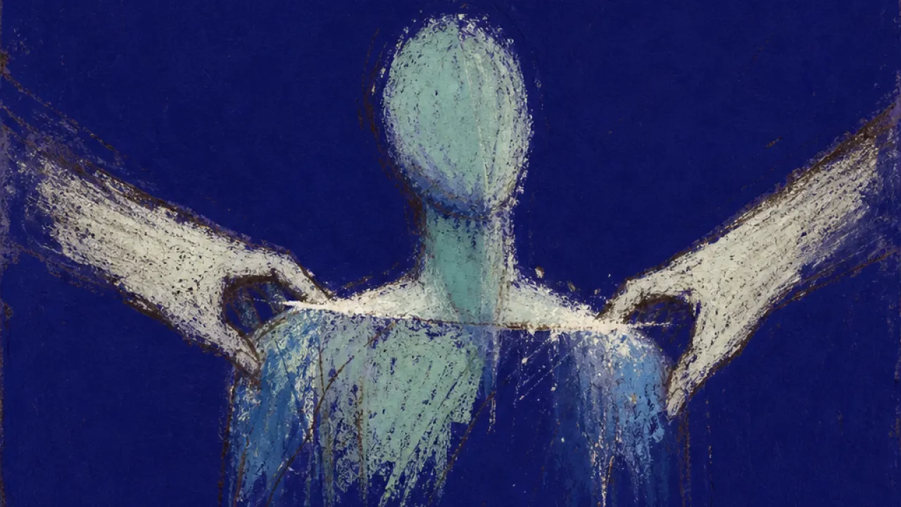 A solitary figure with shoulders pinned square by outside hands, photo frames and white glare closing in through indigo space