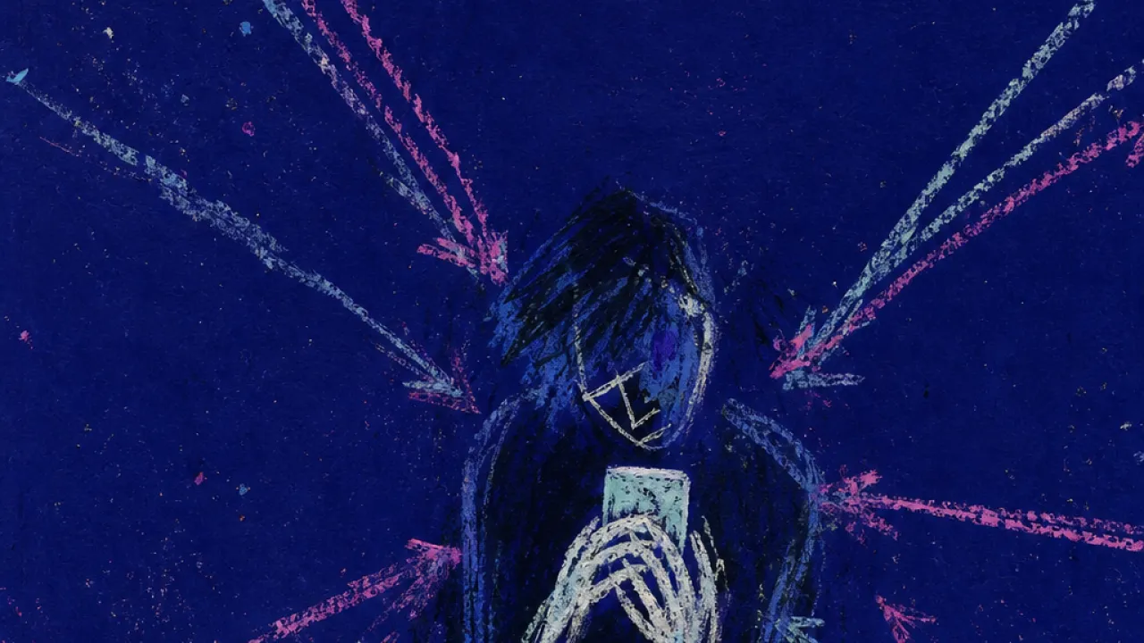 A solitary figure holding a glowing phone close while raised message threads press inward from every side