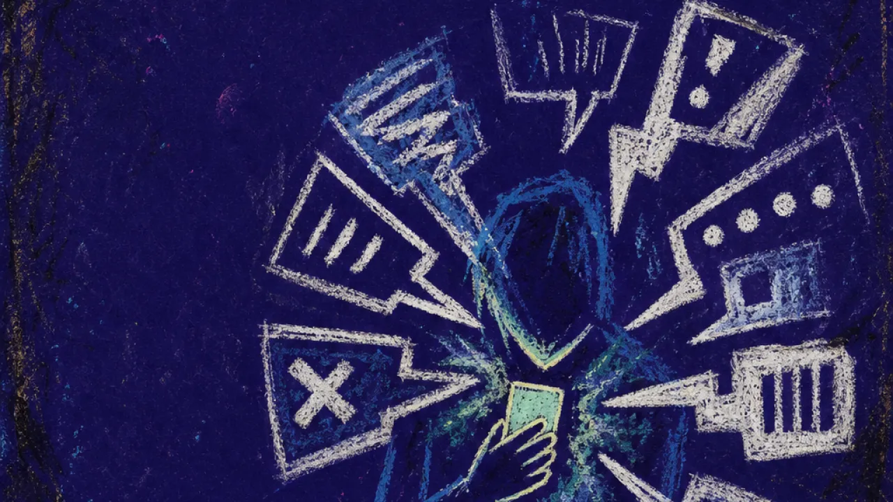 Messages closing in A solitary figure holding a lit phone as message bubbles press inward from every side, white marks cutting through deep indio