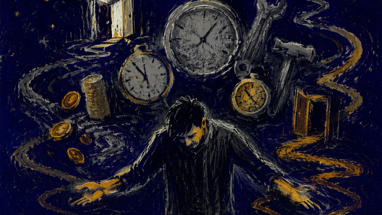 A figure with lowered shoulders as clocks, coins, and tools settle above while pathways drift toward opposite sides.