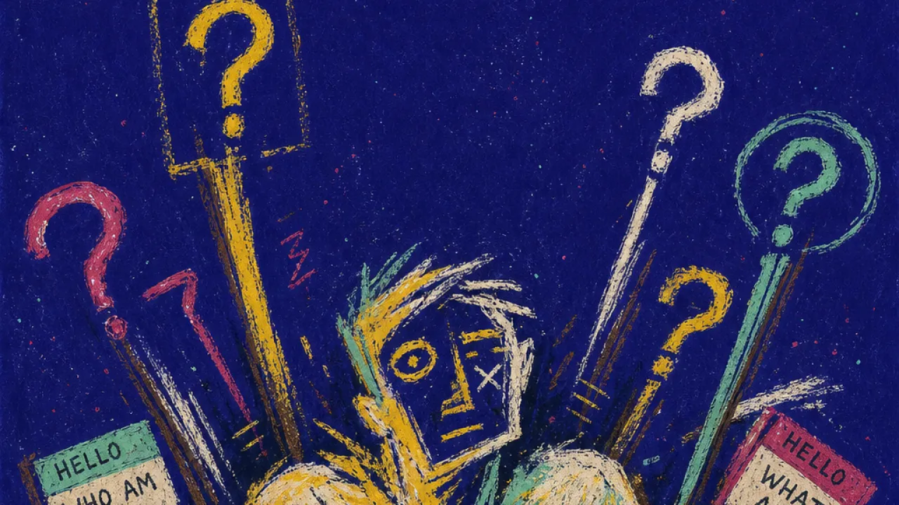 A solitary figure bracing as question-mark staffs press inward, with name tags and map fragments crowding the body