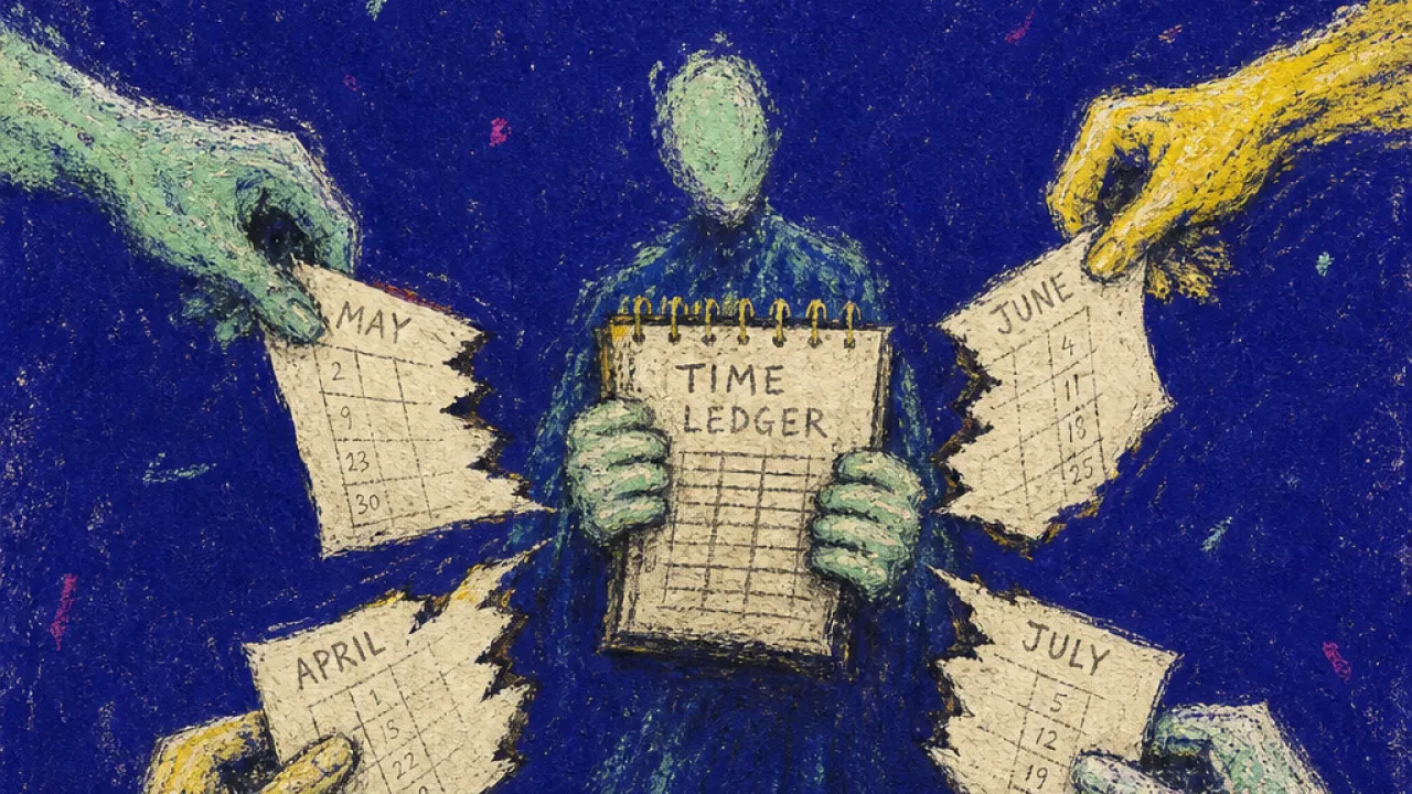 A solitary figure gripping a small ledger as office hands pull pages away and calendar blocks close in around them