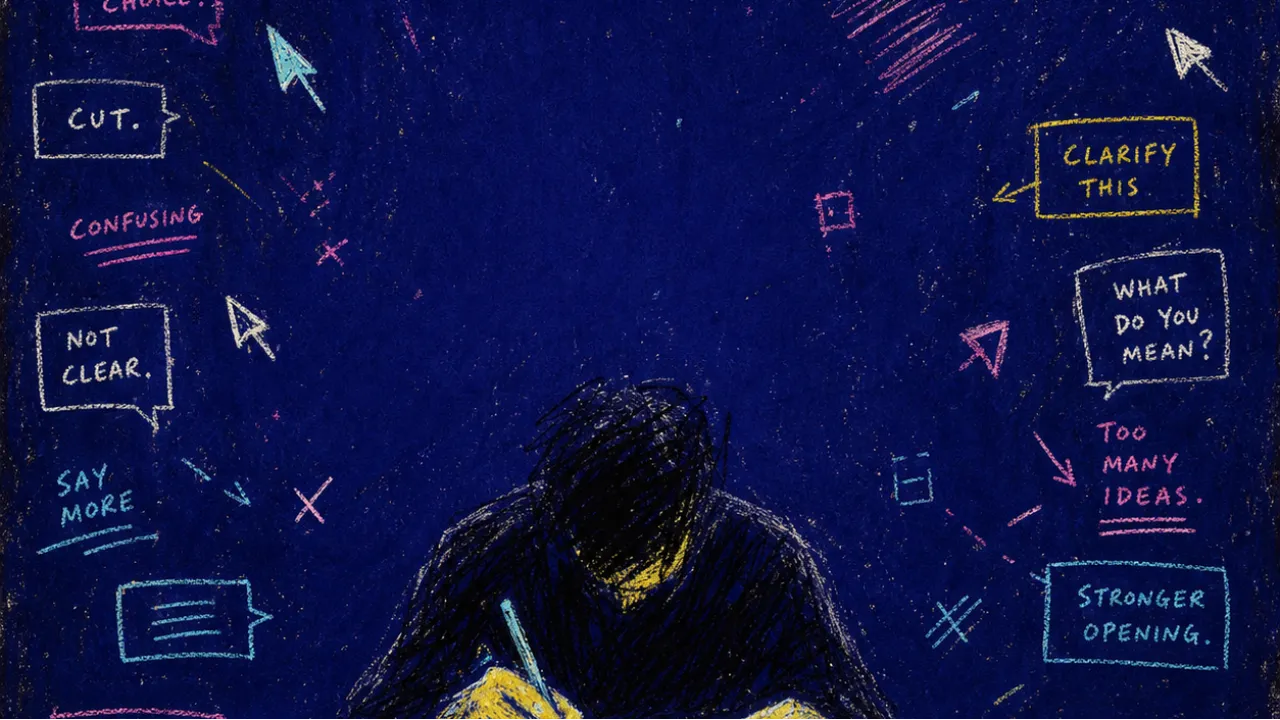 A hunched figure over a glowing page as cursors and comment boxes press inward, leaving marks across hands and shoulders