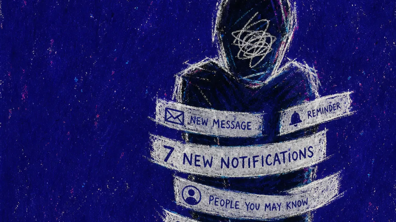 A solitary figure with shoulders drawn inward as glowing headline strips wrap around the chest in deep indigo space