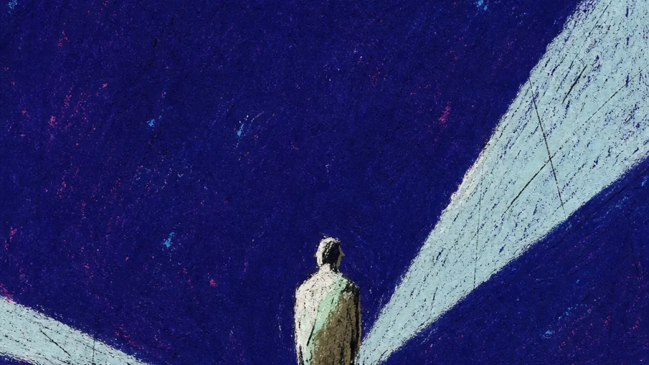 A solitary figure at branching pitch-deck paths, hands and spotlights pulling routes tight around their body