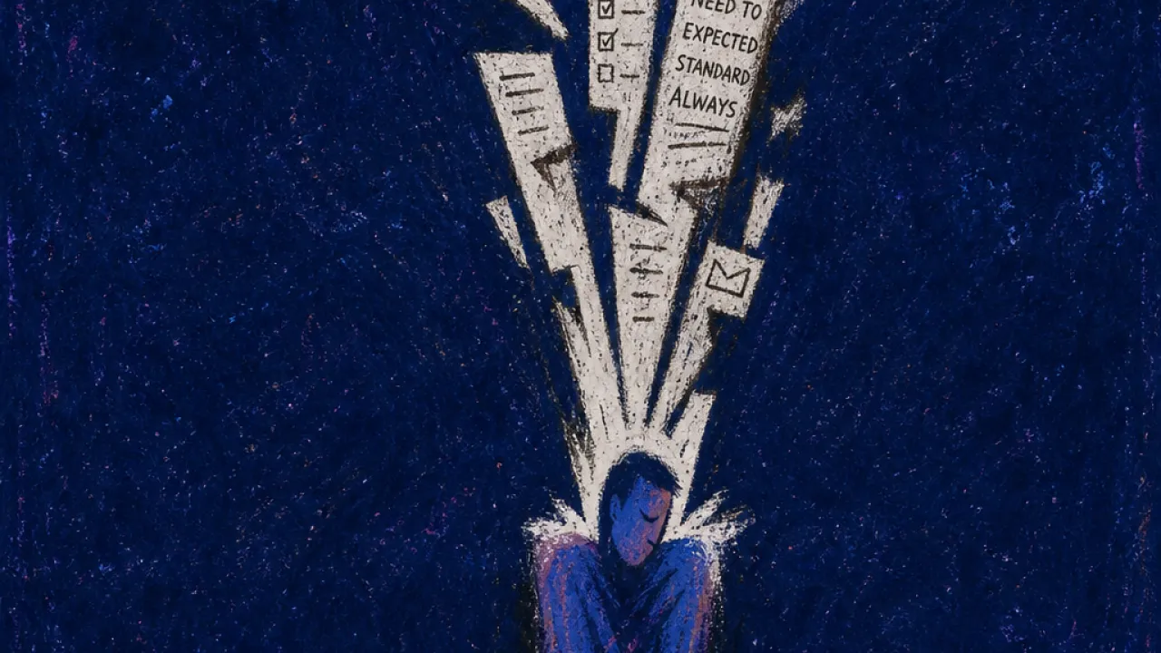 A figure with raised shoulders as calendar pages and checklists press down, leaving pale impressions in deep indigo.