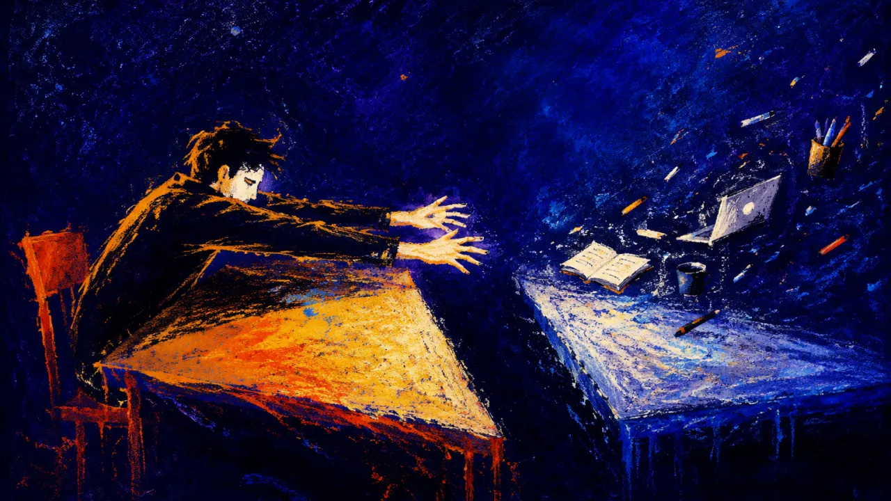 The Shared Table Drifts Away A figure extends both arms over a divided table as its opposite half drifts away with the tools in cool indigo space.