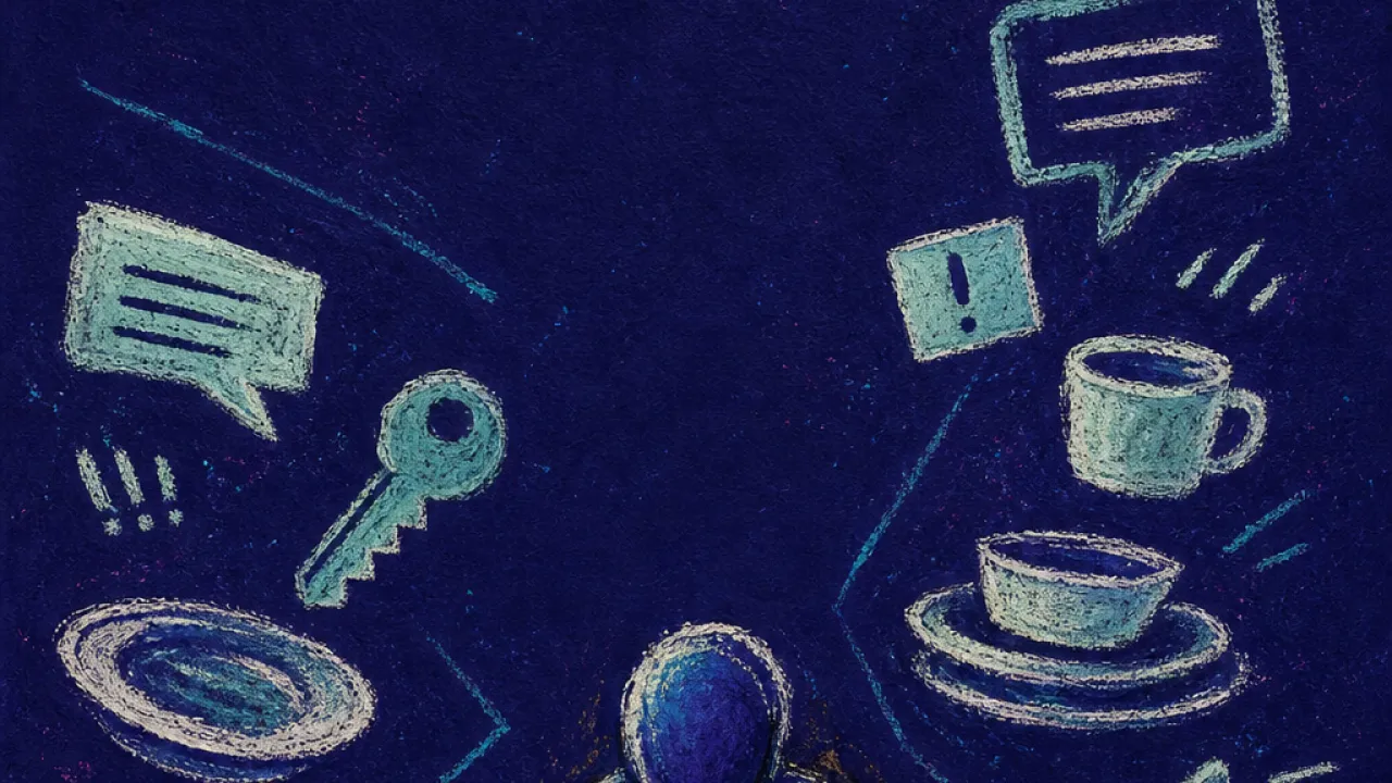 A solitary figure between shared walls, shoulders drawn inward as keys, dishes, and message bubbles press into their space