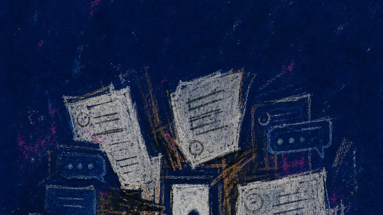 Questions closing from every side A solitary figure at a narrow doorway, shoulders pressed by lease papers and glowing chat windows from every side