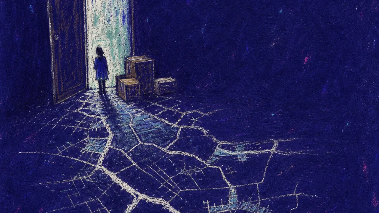 A solitary figure stands between packed boxes and an open doorway as pale map lines slide beneath their feet
