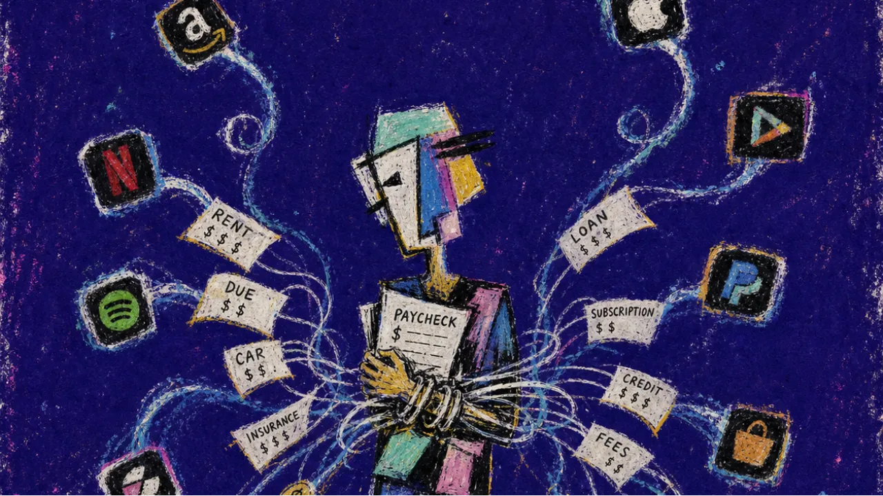 A solitary figure clutching a paycheck as bill slips and app icons coil around the wrists, pulling coins outward