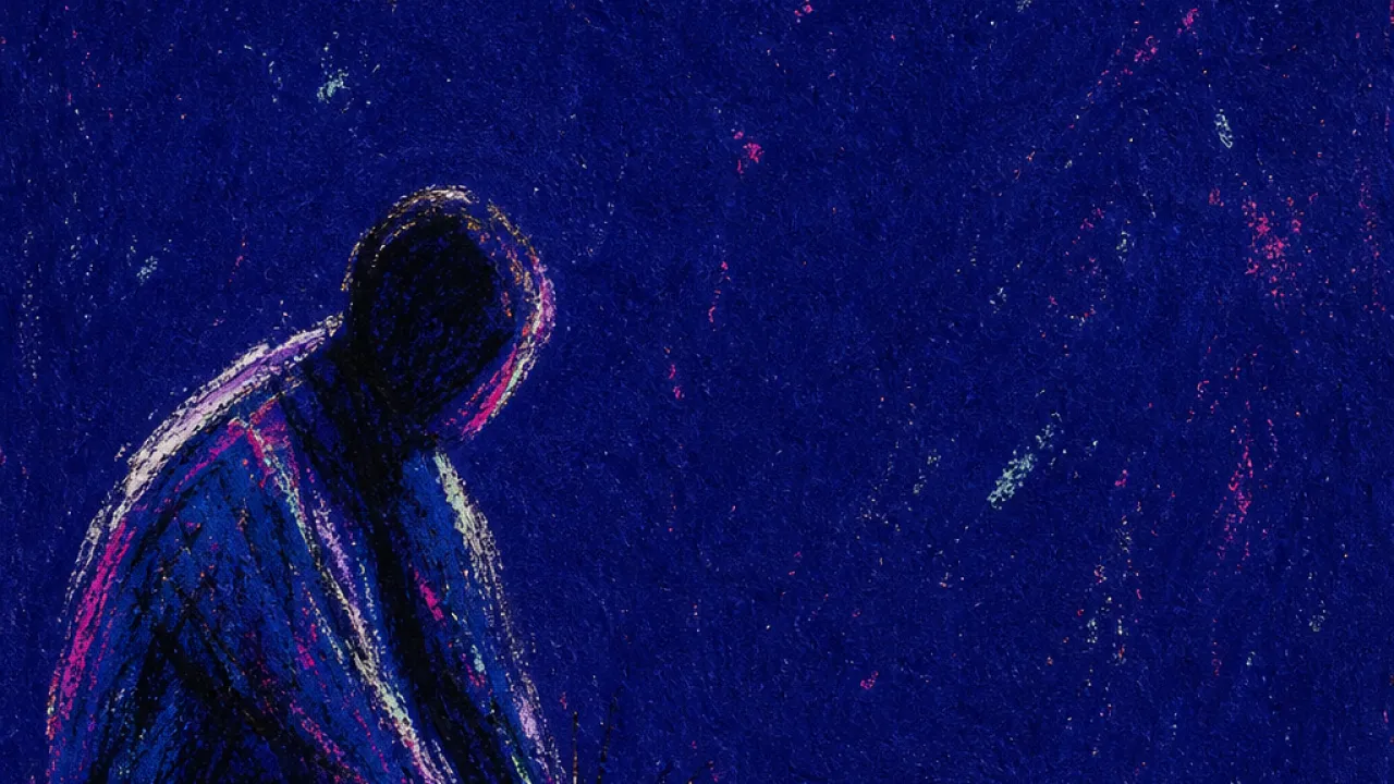 A solitary figure hunched over a glowing phone, payment threads pulling wrists toward an open wallet in deep indigo space