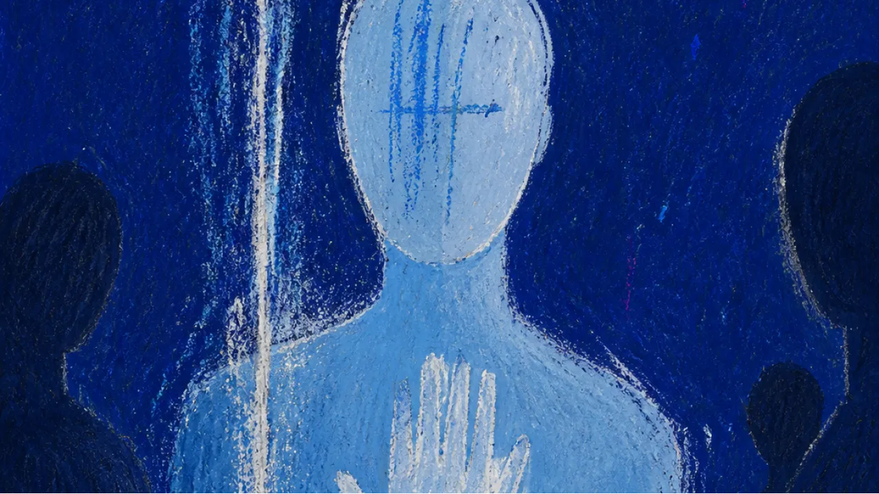 A solitary figure behind a clear pane, silhouettes stopping nearby as cold blue distance opens between them