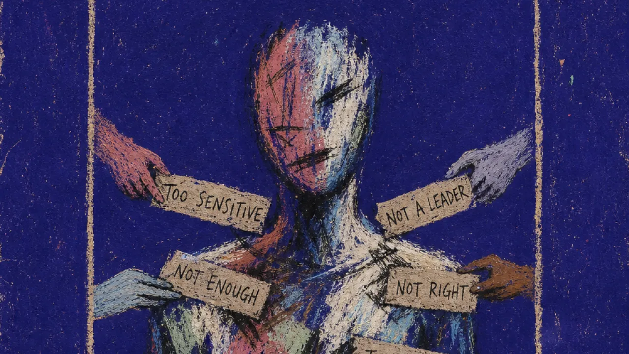 A solitary figure boxed inside an old name tag outline, with office hands pinning labels across shoulders and chest