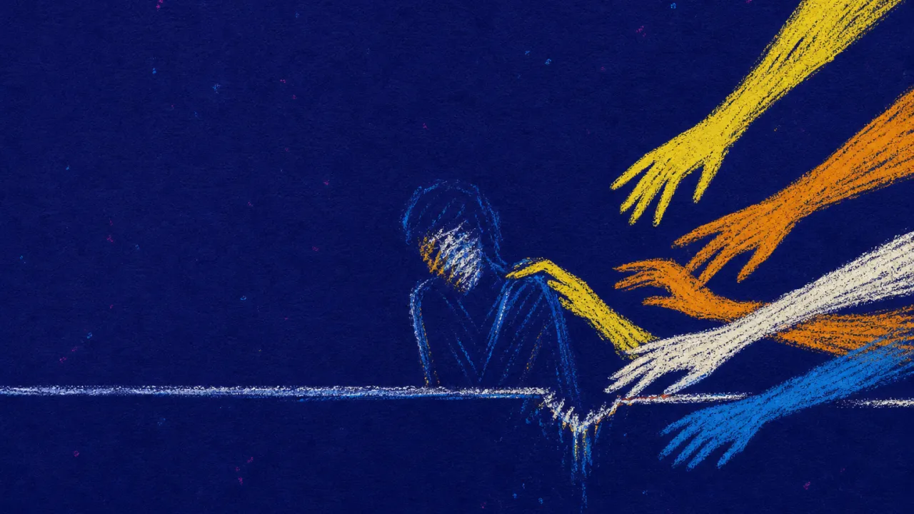 A solitary figure at a desk with shoulders drawn inward as reaching hands and message threads press across a redrawn line