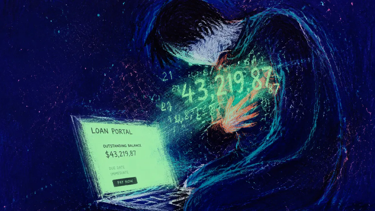 Numbers pressing inward A solitary figure curled over a glowing loan portal as pale numbers press into their chest and deep indigo space closes in