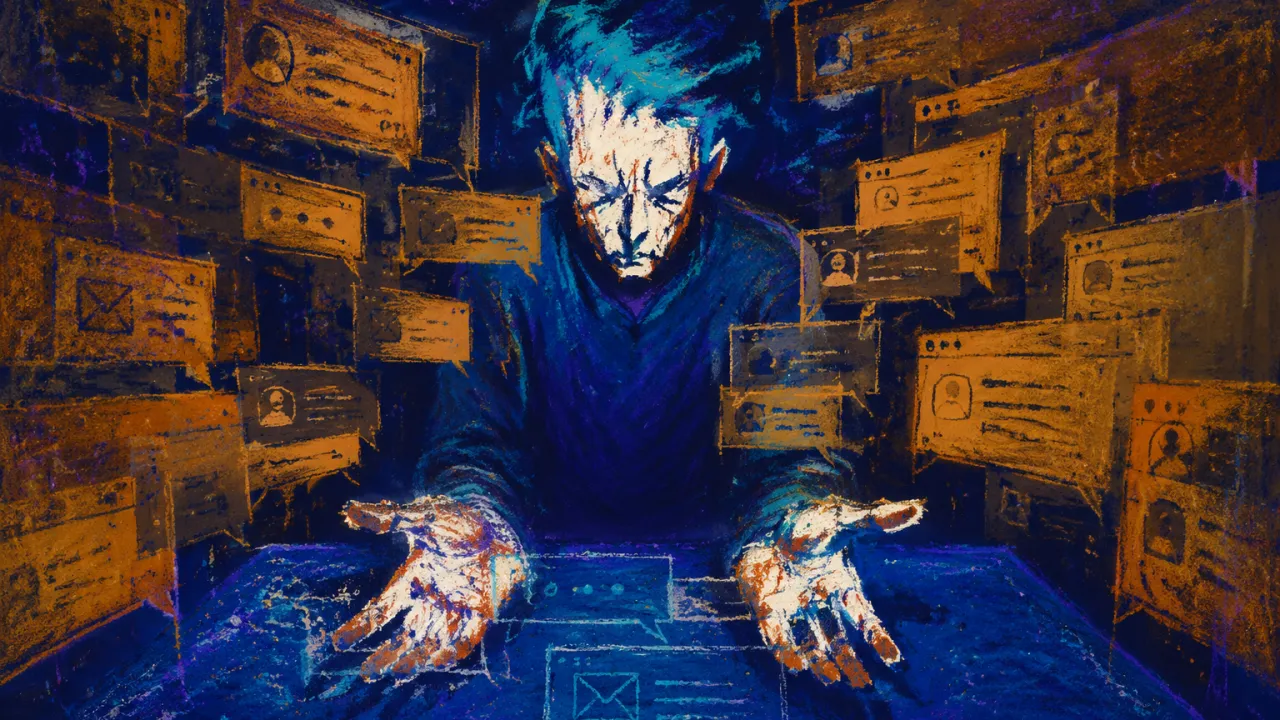 A seated figure holds both palms open above a table as message windows and room frames encroach, leaving one narrow channel.