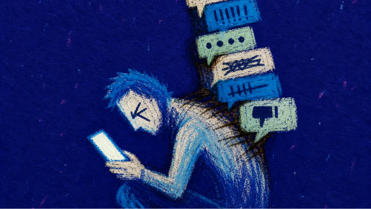A hunched figure holding a glowing phone as tagged messages stack across their shoulders in deep indigo space
