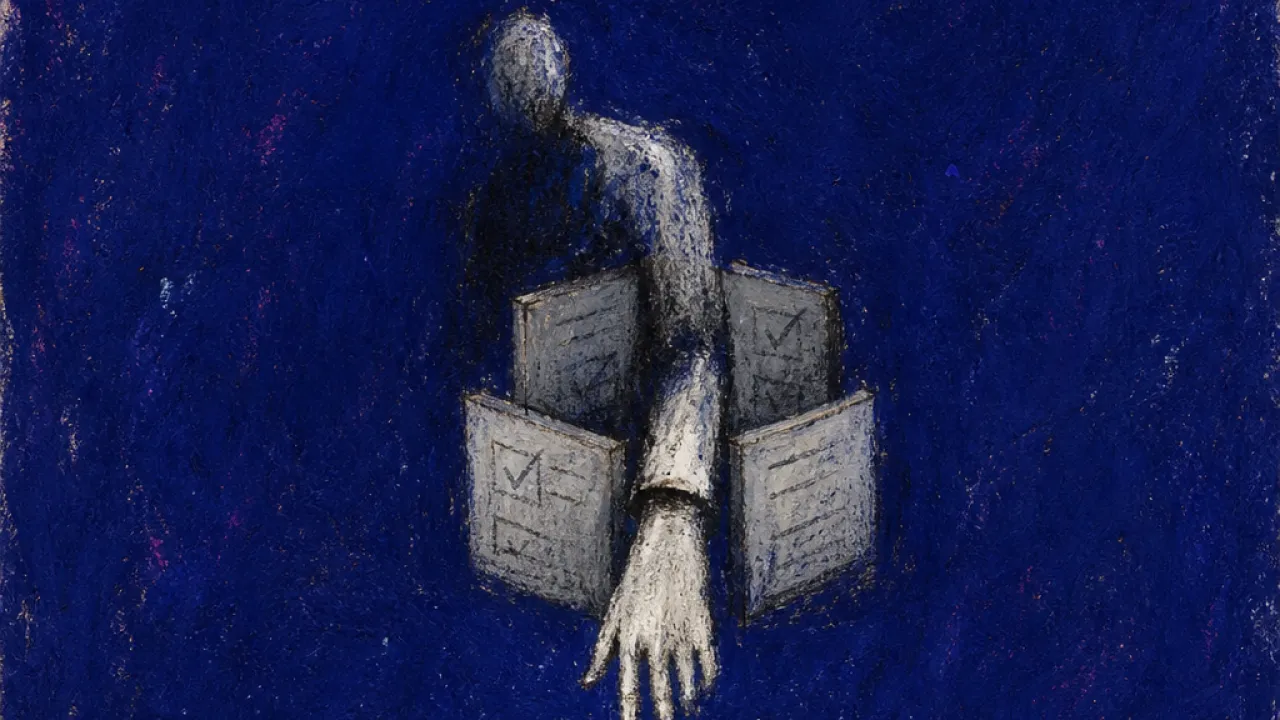 A solitary figure hovers over a calendar request as approval boxes close around the wrist in pale grey and deep indigo